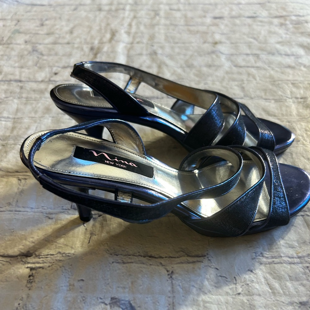 NINA NEW YORK SLINGBACK STRAPY DRESS NAVY BLUE CRISSCROSS SLIM HEEL SANDALS 8.5M